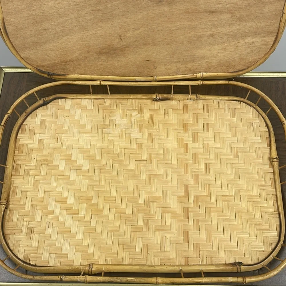 Vintage MCM Bamboo & Rattan Wicker Style Trays Set of 2  Size 19 x 13 x 1.25